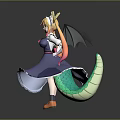 Cute Child Dragon Girl With Yellow Horns Twintails Blue Dress And Green Tail