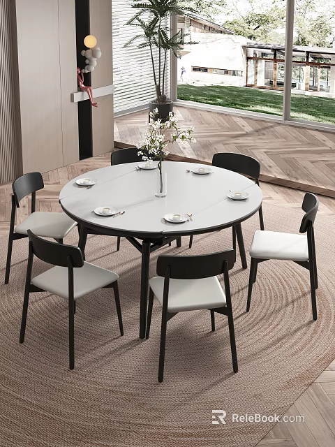 Modern Round Dining Table Set with Black Chairs White Cushions Plates and Vase Indoor 3d model 