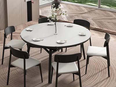 Modern Round Dining Table Set with Black Chairs White Cushions Plates and Vase Indoor 3d model