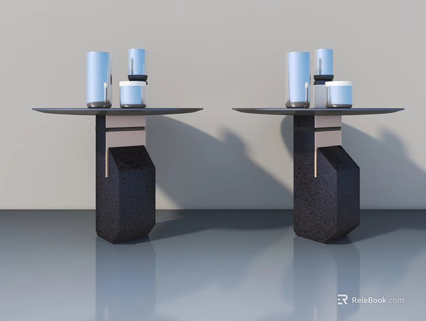 Modern Sofa and Coffee Table Set Featuring Two Round Black Base Tables with Decorative Cups 3d model