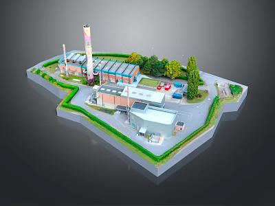 Cartoon Miniature Industrial Scene With Factory Buildings Tall Chimney Green Trees And Vehicles 3d model