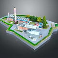 Cartoon Miniature Industrial Scene With Factory Buildings Tall Chimney Green Trees And Vehicles