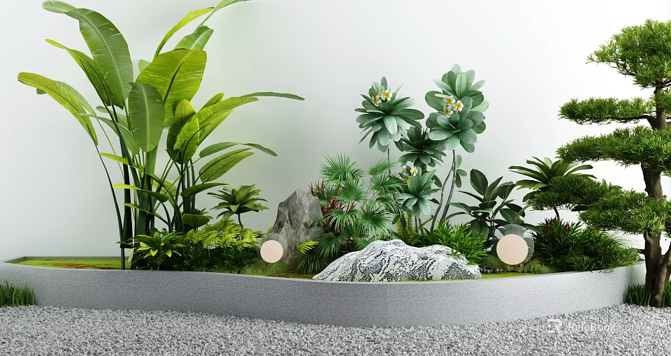 Courtyard Garden With Various Green Plants Large Leaves Decorative Stones Gravel Ground And Round Lights 3d model 