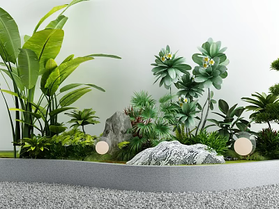 Courtyard Garden With Various Green Plants Large Leaves Decorative Stones Gravel Ground And Round Lights 3d model