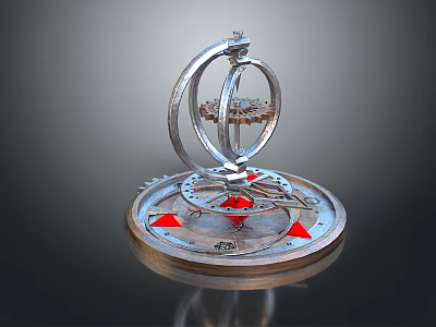 Intricate Mechanical Device With Metal Rings Gears And Red Triangular Markers On Circular Base 3d model