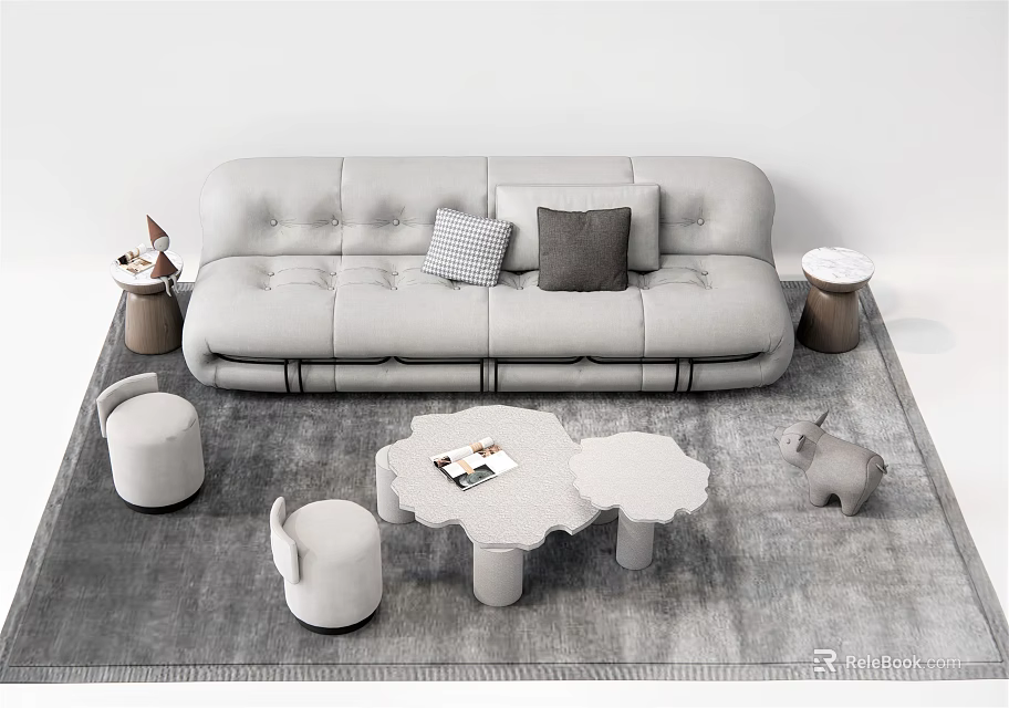 Modern Gray Sofa And Irregular Coffee Table With Cushions Small Stools On Gray Rug 3d model