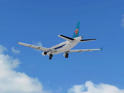 Passenger Plane Flying High In Blue Sky With White Clouds And Extended Wings 3d model