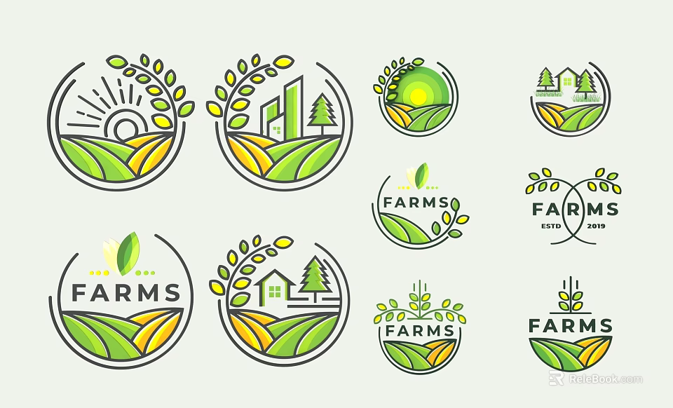 Farm Themed Wall Decor With Fields Trees Houses And Sun 3d model 