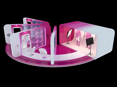 Modern Pink And White Display Structure With Circular Platform Mannequins And Lighting 3d model