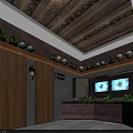 Modern Restaurant Interior Design With Wooden Ceiling Blue Accents Large Screens And Decorative Plants
