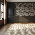 Square Beige And White Geometric Pattern Rug In Interior Room With Wooden Floor And Natural Light