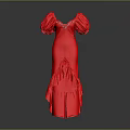 Elegant Red Floor Length Dress With Puffed Sleeves V Neck And Ruffled Hem