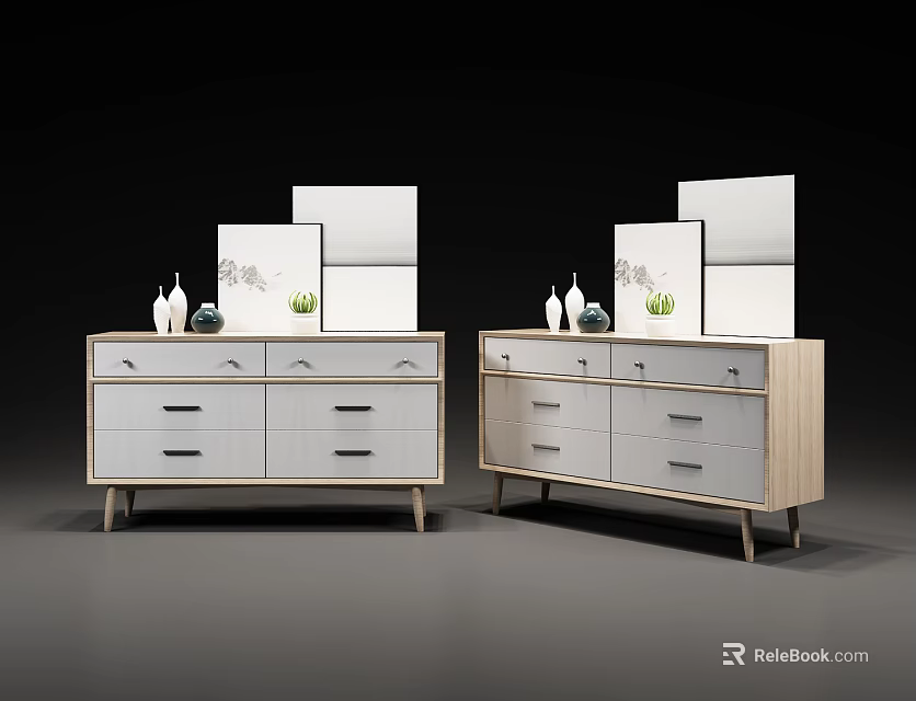 Light Wood Frame White Drawer Entryway Console And Side Cabinet With Mirror Panels Decorative Vases 3d model 