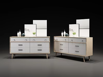 Light Wood Frame White Drawer Entryway Console And Side Cabinet With Mirror Panels Decorative Vases 3d model