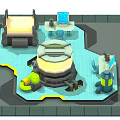 Cartoon Isometric Scene With Workstations Computers Central Circular Structure Blue Area And Yellow Elements 3d model