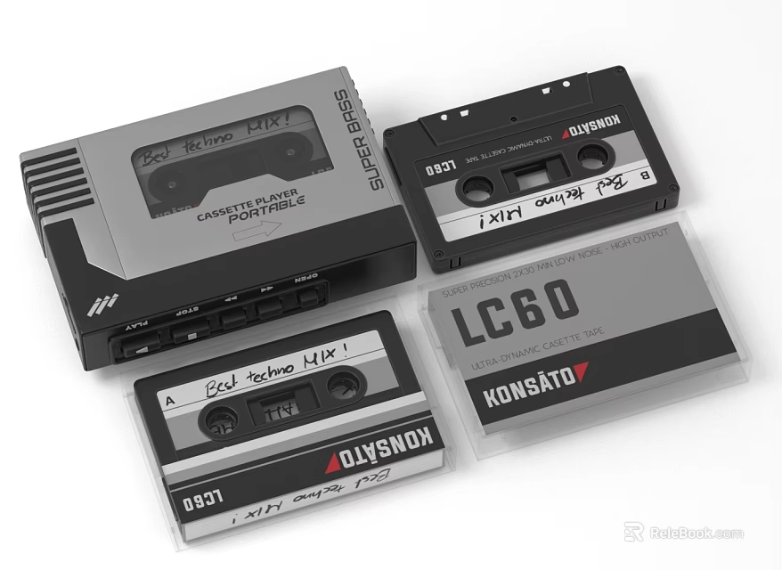 Vintage Cassette Player And Various Cassette Tapes Stacked On White Background 3d model 