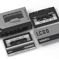 Vintage Cassette Player And Various Cassette Tapes Stacked On White Background