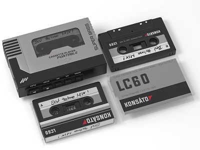 Vintage Cassette Player And Various Cassette Tapes Stacked On White Background 3d model