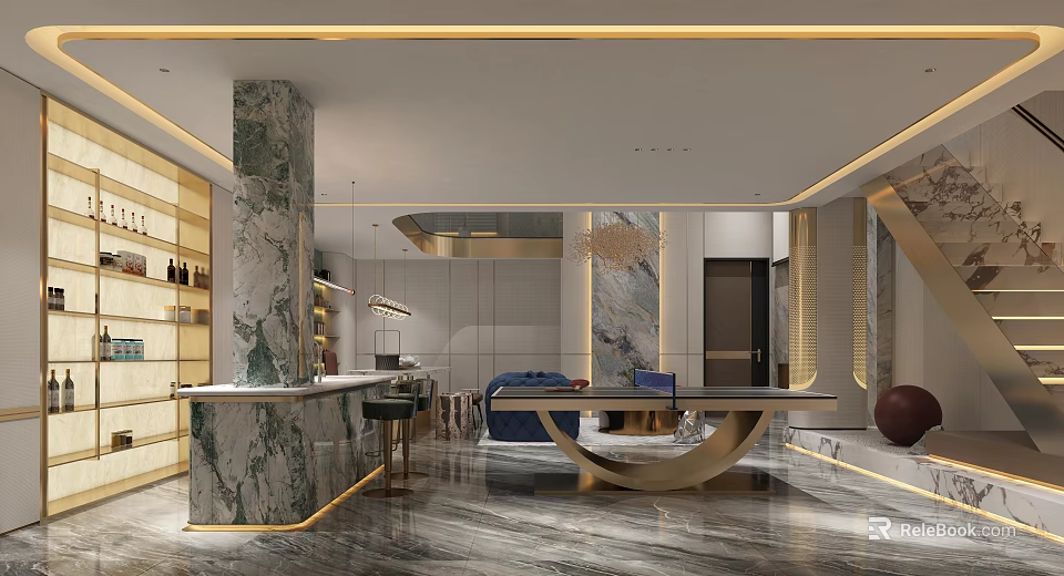 Luxurious Modern Entertainment Room With Marble Bar And Seating Area 3d model 