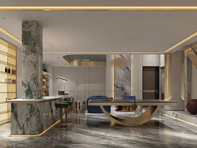 Luxurious Modern Entertainment Room With Marble Bar And Seating Area 3d model