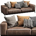 Brown Leather Sofa With Gray Brown And Black White Checkered Pillows 3d model