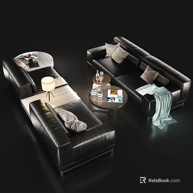 Black Leather Sofa Coffee Table Set With Pillows Table Lamp And Throw Blanket 3d model