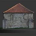 Residential Building Model With Stone Exterior Red And Dark Roof Tiles And Grass Base