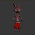 3D Cartoon Pink Rabbit Wearing Red Shorts Standing on Gray Background