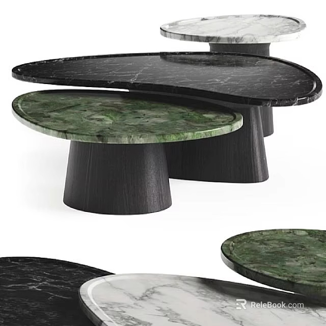 Modern Stylish Side Tables with Green Black Marble Tops and Wooden Bases for Living Room 3d model 