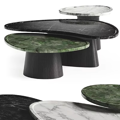 Modern Stylish Side Tables with Green Black Marble Tops and Wooden Bases for Living Room 3d model