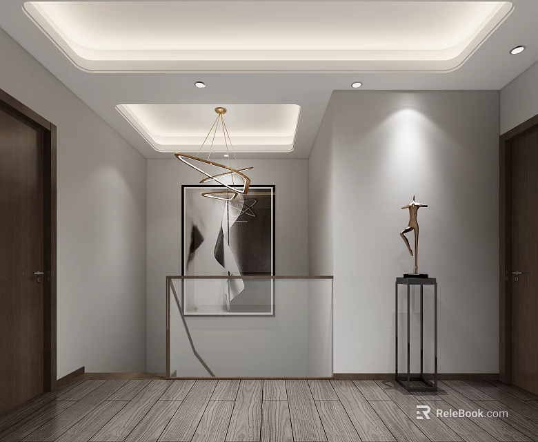 Modern Interior Hallway With Wooden Flooring White Walls Chandelier Glass Railing Abstract Painting And Sculpture 3d model 