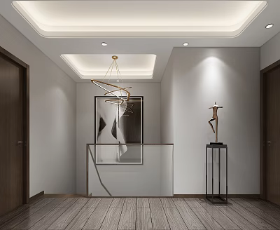 Modern Interior Hallway With Wooden Flooring White Walls Chandelier Glass Railing Abstract Painting And Sculpture 3d model