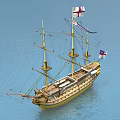 Wooden Sailing Ship With Multiple Masts And Union Jack Flags On Blue Water