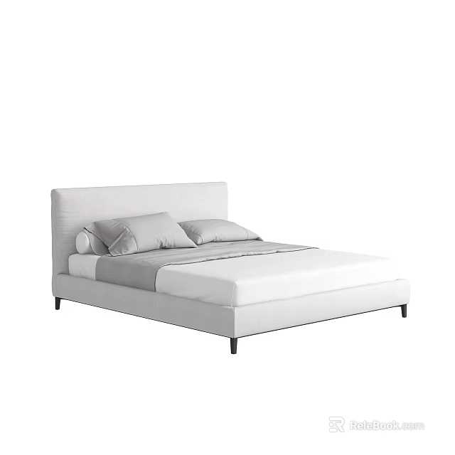 Modern White Double Bed With Simple Design White Headboard Grey Pillows And Black Legs 3d model 
