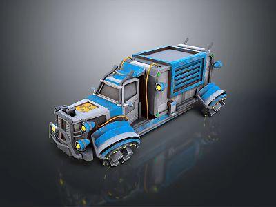 Futuristic Armored Truck In Blue Gray With Mechanical Details And Yellow Lights 3d model