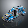 Futuristic Armored Truck In Blue Gray With Mechanical Details And Yellow Lights