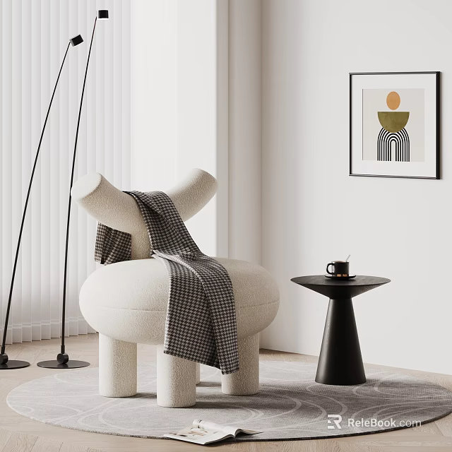 Cozy Accent Chair With Plaid Blanket Coffee Cup On Side Table Floor Lamp And Artwork 3d model 