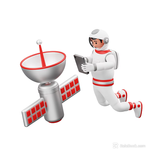 Game Movie Astronaut Character Holding Tablet Next To Satellite Device With Antenna And White Spacesuit 3d model 