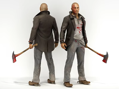 Game Movie Character With Bald Head Dark Coat Gray Bloodstained T-Shirt Jeans And Axe 3d model