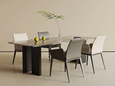 Modern Dining Table Set With Marble Top White Grey Chairs Green Plant And Yellow Fruits 3d model