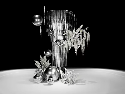 Silver Holiday Decorative Ornaments With Cylindrical Object Spheres And Snowflake Branches On Black Background 3d model