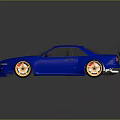 Blue Modified Sports Car With Rear Spoiler And Orange Wheels