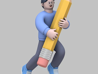 Man Hugging Large Yellow Pencil in Blue Sweatshirt and Gray Pants 3d model