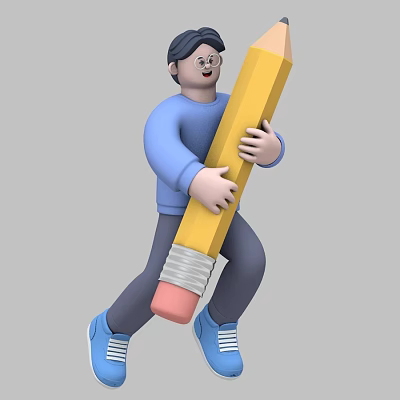 Man Hugging Large Yellow Pencil in Blue Sweatshirt and Gray Pants 3d model