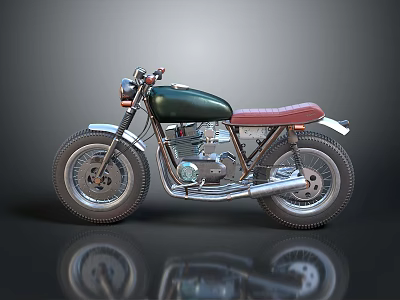 Vintage Dark Green Motorcycle with Red Leather Seat Chrome Details and Reflection 3d model