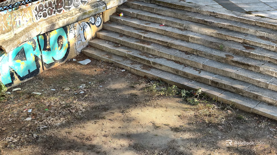Outdoor Stone Stairs with Graffiti Wall Dry Leaves and Trash on Ground 3d model 