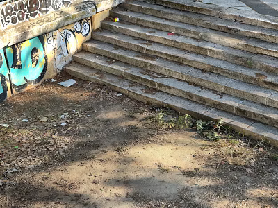 Outdoor Stone Stairs with Graffiti Wall Dry Leaves and Trash on Ground 3d model