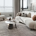 Modern Apartment Living Room With White Sofa Round Coffee Table TV And Window Curtains