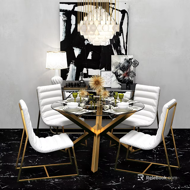 Modern Glass Top Dining Table Set With Gold Frame White Chairs And Abstract Art Decor 3d model 