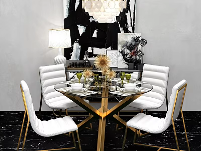 Modern Glass Top Dining Table Set With Gold Frame White Chairs And Abstract Art Decor 3d model